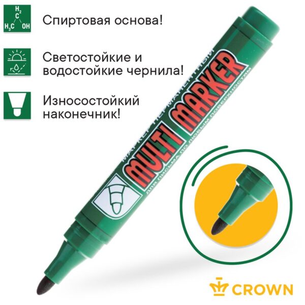 Маркер перманентный Crown "Multi Marker" зеленый, пулевидный, 3мм