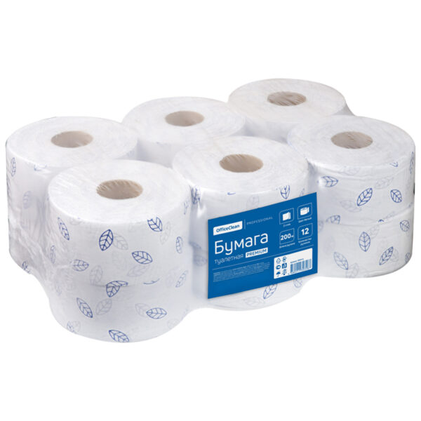 Бумага туалетная OfficeClean "Premium" 2-слойная, мини-рулон, 200м/рул, мягкая, тиснение, белая