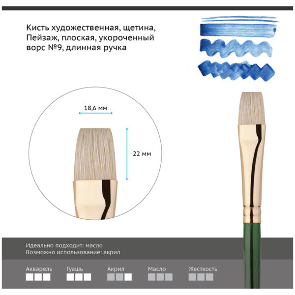 Кисть художественная щетина Гамма "Пейзаж", плоская, укороченный ворс №9, длинная ручка