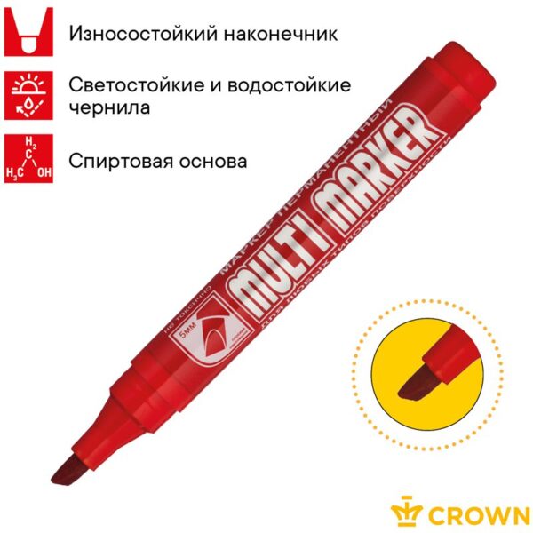 Маркер перманентный Crown "Multi Marker Chisel" красный, скошенный, 5мм