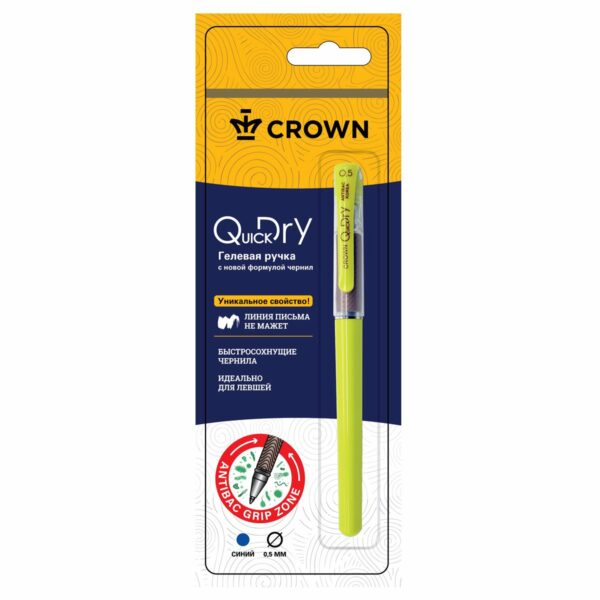 Ручка гелевая Crown "Quick Dry" с быстросохнущими чернилами и антибактериальным грипом, синяя, 0,5мм, корпус ассорти, 1 шт., блистер