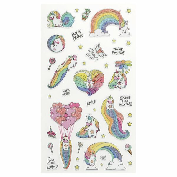 Наклейки объемные MESHU "Rainbow unicorn", 10*23см, с блестками, пакет европодвес