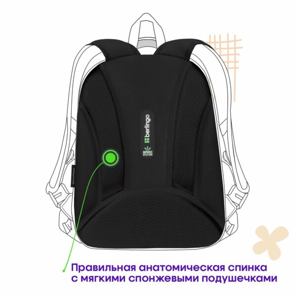 Ранец Berlingo Expert Plus "Black and green" 38*29*15см, 2 отделения, 2 кармана, анатомическая спинка