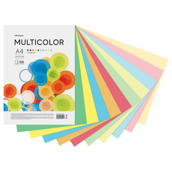 Бумага цветная OfficeSpace "Multicolor", А4, 80г/м2, 100л., (10 цветов)