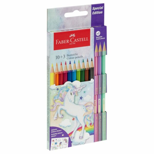 Карандаши цветные Faber-Castell "Unicorn", 10цв., шестигр., заточ.+3 паст. цв., картон, европодвес