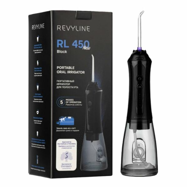 Ирригатор для полости рта REVYLINE RL 450 New, портативный, емкость резервуара 0,3 л, 5 насадок, черный, 7993