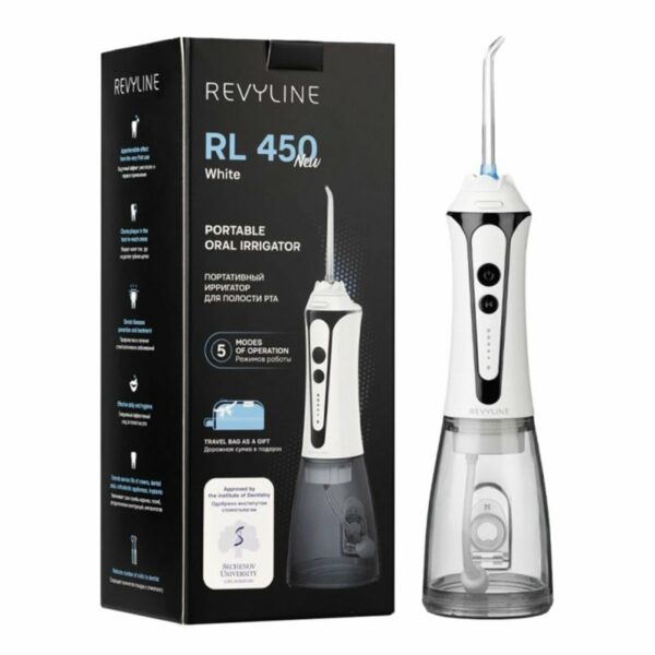 Ирригатор для полости рта REVYLINE RL 450 New, портативный, емкость резервуара 0,3 л, 5 насадок, белый, 7994